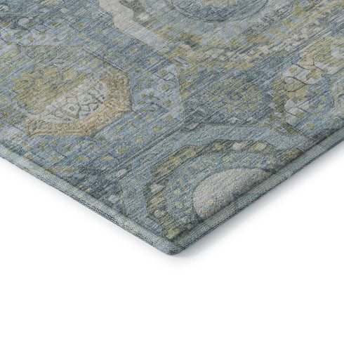 5' X 8' Blue Gold And Gray Mosaic Washable Area Rug With UV Protection