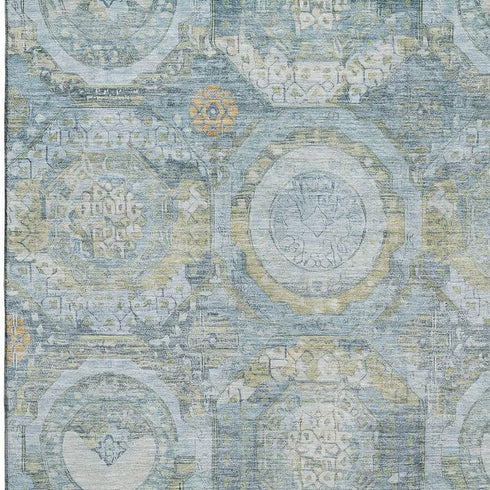 5' X 8' Blue Gold And Gray Mosaic Washable Area Rug With UV Protection
