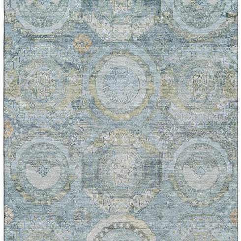 5' X 8' Blue Gold And Gray Mosaic Washable Area Rug With UV Protection