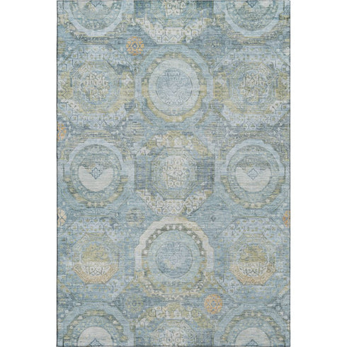 8' X 10' Blue Gold And Gray Mosaic Washable Area Rug With UV Protection