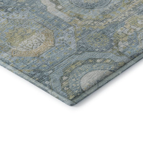 8' X 10' Blue Gold And Gray Mosaic Washable Area Rug With UV Protection