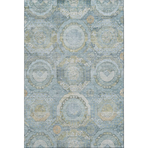 8' X 10' Blue Gold And Gray Mosaic Washable Area Rug With UV Protection