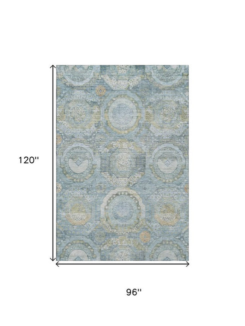 8' X 10' Blue Gold And Gray Mosaic Washable Area Rug With UV Protection