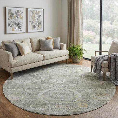 8' Pewter Gray And Wheat Mosaic Washable Round Rug With UV Protection