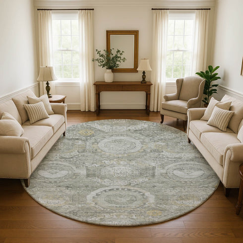 8' Pewter Gray And Wheat Mosaic Washable Round Rug With UV Protection