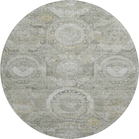 8' Pewter Gray And Wheat Mosaic Washable Round Rug With UV Protection