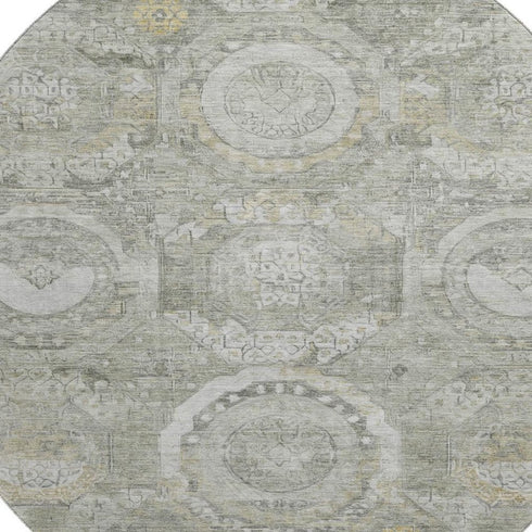 8' Pewter Gray And Wheat Mosaic Washable Round Rug With UV Protection