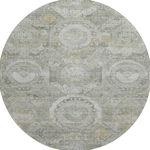 8' Pewter Gray And Wheat Mosaic Washable Round Rug With UV Protection