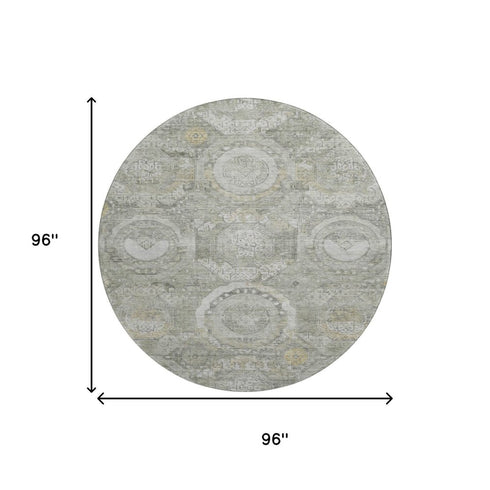 8' Pewter Gray And Wheat Mosaic Washable Round Rug With UV Protection