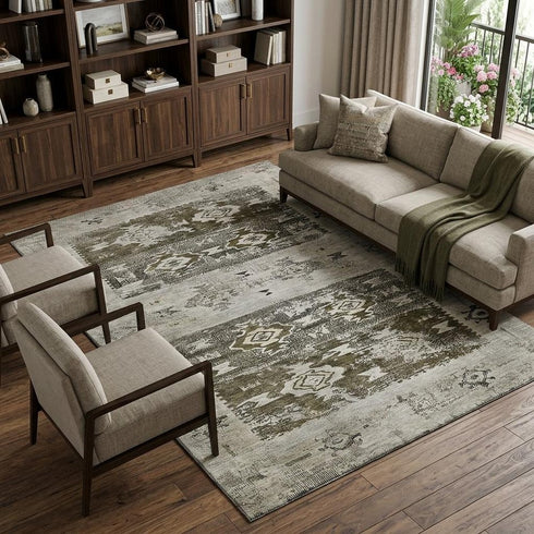 8' X 10' Brown Taupe And Beige Southwestern Washable Area Rug With UV Protection