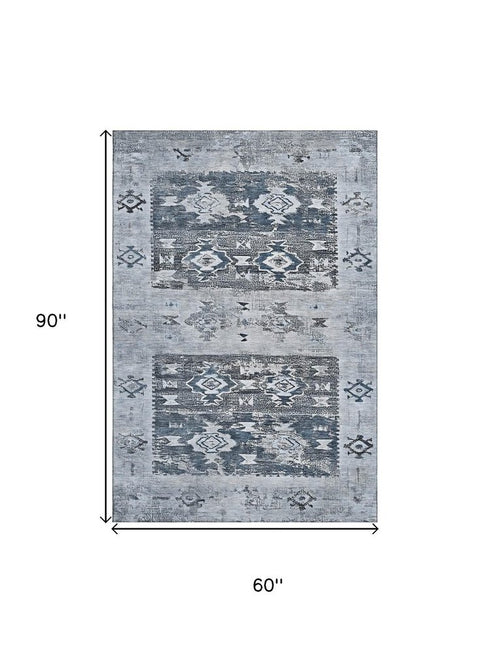 5' X 8' Blue Ivory And Gray Southwestern Washable Area Rug With UV Protection