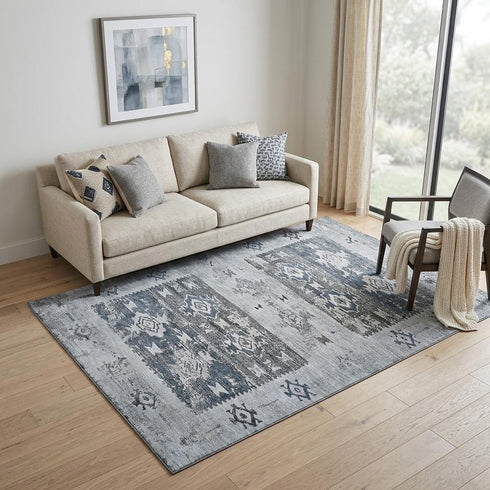 5' X 8' Blue Ivory And Gray Southwestern Washable Area Rug With UV Protection
