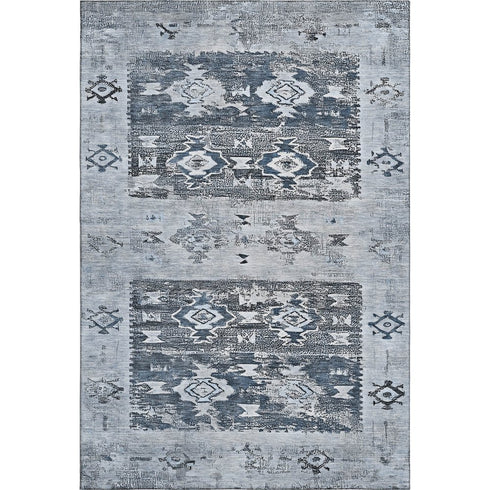 5' X 8' Blue Ivory And Gray Southwestern Washable Area Rug With UV Protection