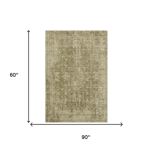 5' X 8' Brown And Beige Floral Medallion Washable Area Rug With UV Protection