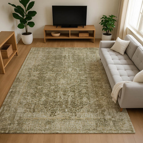 9' X 12' Brown And Beige Floral Medallion Washable Area Rug With UV Protection