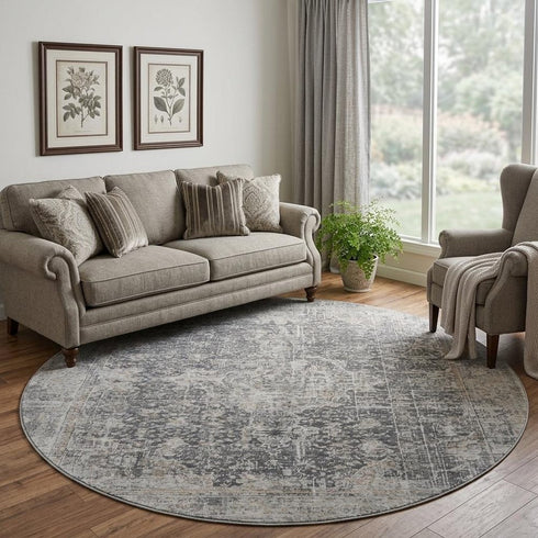 8' Charcoal Gray And Silver Floral Medallion Washable Round Rug With UV Protection