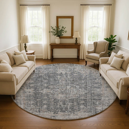 8' Charcoal Gray And Silver Floral Medallion Washable Round Rug With UV Protection