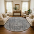 8' Charcoal Gray And Silver Floral Medallion Washable Round Rug With UV Protection