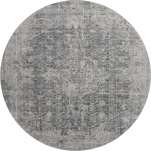 8' Charcoal Gray And Silver Floral Medallion Washable Round Rug With UV Protection