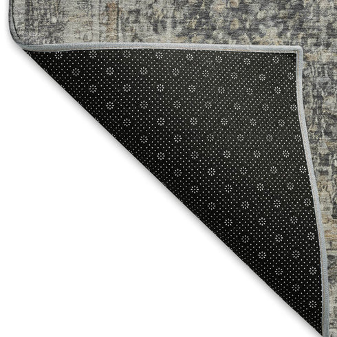 8' Charcoal Gray And Silver Floral Medallion Washable Round Rug With UV Protection