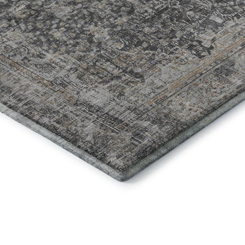 8' Charcoal Gray And Silver Floral Medallion Washable Round Rug With UV Protection