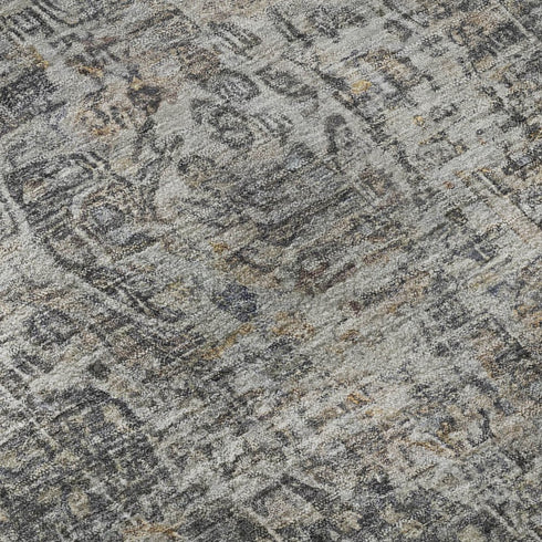 8' Charcoal Gray And Silver Floral Medallion Washable Round Rug With UV Protection