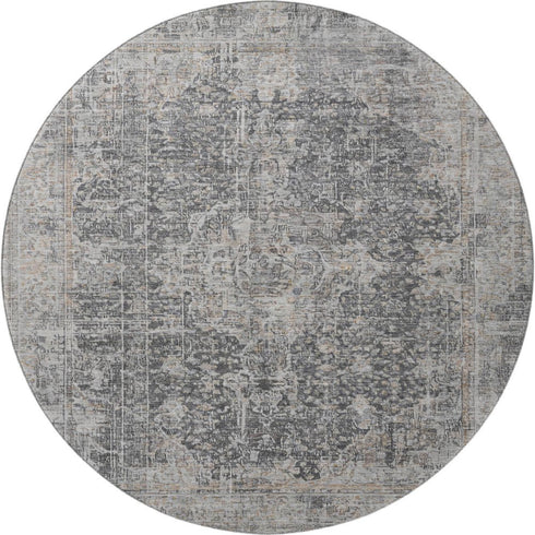 8' Charcoal Gray And Silver Floral Medallion Washable Round Rug With UV Protection