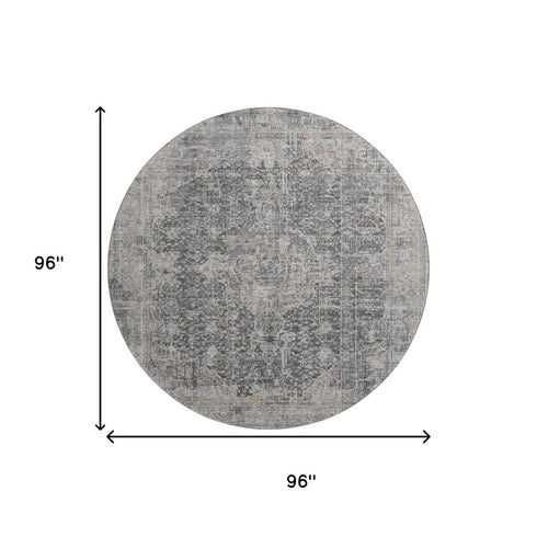 8' Charcoal Gray And Silver Floral Medallion Washable Round Rug With UV Protection