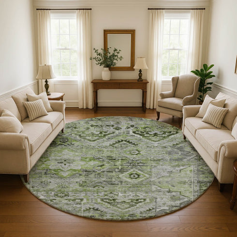 8' Artichoke Green Gray And Charcoal Floral Washable Round Rug With UV Protection