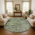 8' Artichoke Green Gray And Charcoal Floral Washable Round Rug With UV Protection