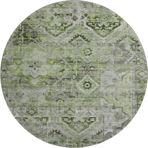 8' Artichoke Green Gray And Charcoal Floral Washable Round Rug With UV Protection