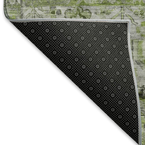8' Artichoke Green Gray And Charcoal Floral Washable Round Rug With UV Protection