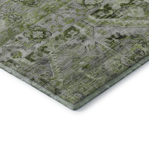 8' Artichoke Green Gray And Charcoal Floral Washable Round Rug With UV Protection