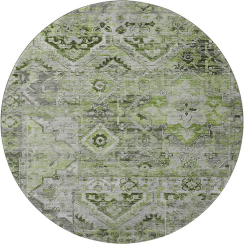8' Artichoke Green Gray And Charcoal Floral Washable Round Rug With UV Protection