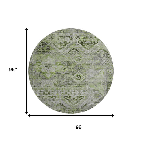8' Artichoke Green Gray And Charcoal Floral Washable Round Rug With UV Protection