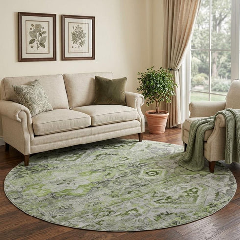 8' Artichoke Green Gray And Charcoal Floral Washable Round Rug With UV Protection