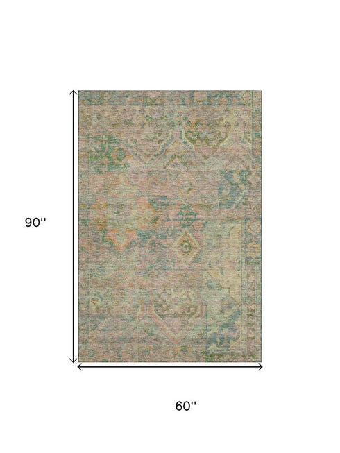5' X 8' Green Teal And Orange Floral Washable Area Rug With UV Protection