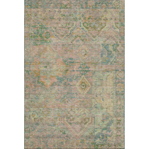 5' X 8' Green Teal And Orange Floral Washable Area Rug With UV Protection