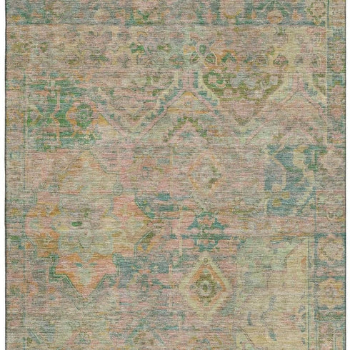 5' X 8' Green Teal And Orange Floral Washable Area Rug With UV Protection