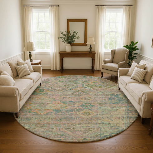 8' Green Teal And Orange Floral Washable Round Rug With UV Protection