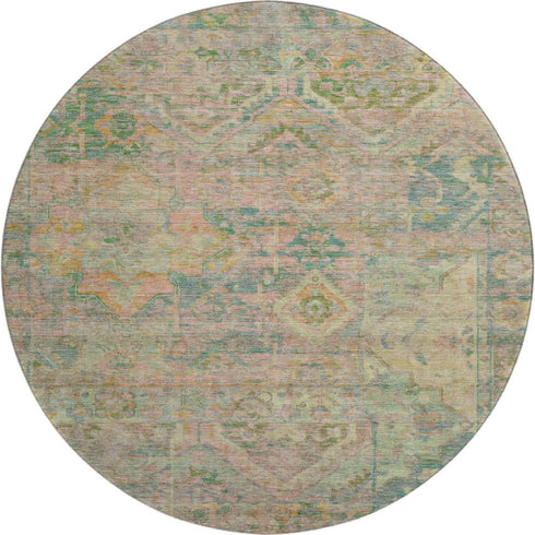 8' Green Teal And Orange Floral Washable Round Rug With UV Protection