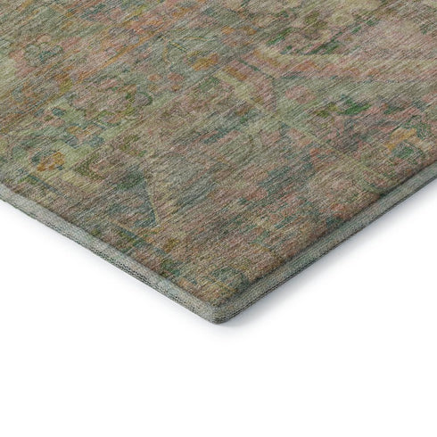 8' Green Teal And Orange Floral Washable Round Rug With UV Protection