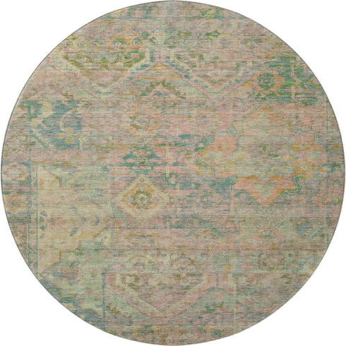 8' Green Teal And Orange Floral Washable Round Rug With UV Protection