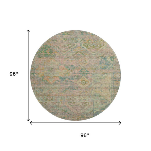 8' Green Teal And Orange Floral Washable Round Rug With UV Protection