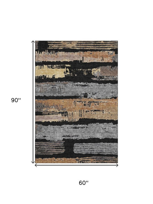 5' X 8' Black Copper And Gold Striped Washable Area Rug With UV Protection