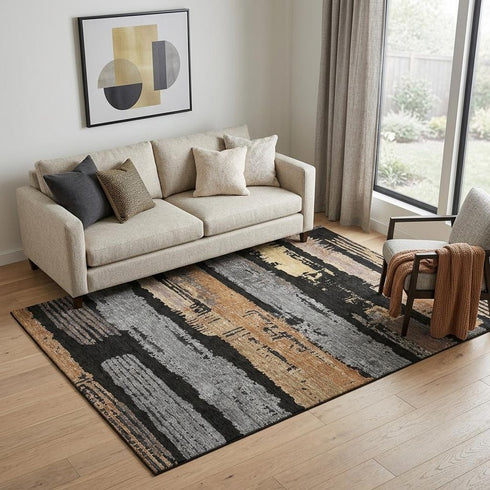 5' X 8' Black Copper And Gold Striped Washable Area Rug With UV Protection