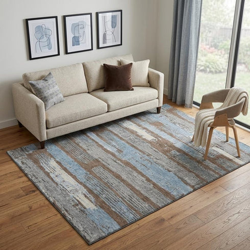 5' X 8' Chocolate Blue And Gray Striped Washable Area Rug With UV Protection