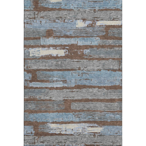 5' X 8' Chocolate Blue And Gray Striped Washable Area Rug With UV Protection