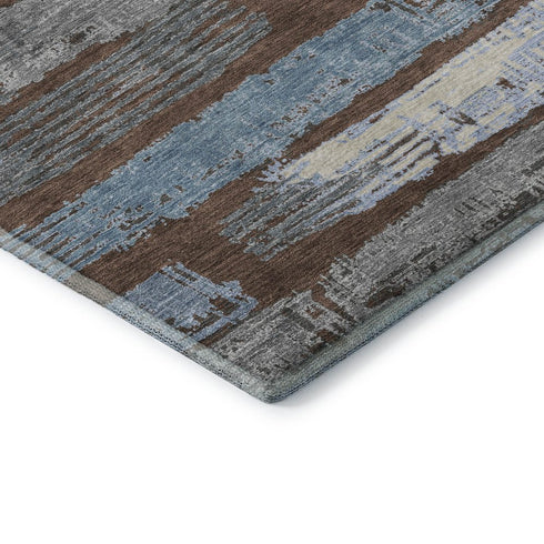 5' X 8' Chocolate Blue And Gray Striped Washable Area Rug With UV Protection