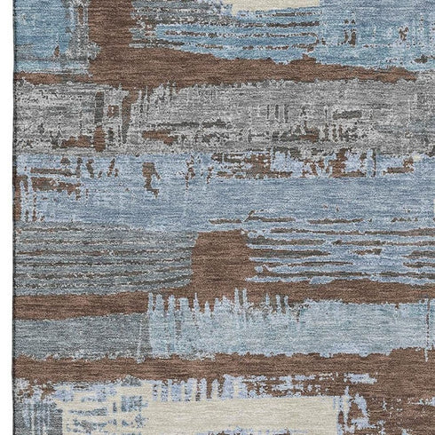 5' X 8' Chocolate Blue And Gray Striped Washable Area Rug With UV Protection